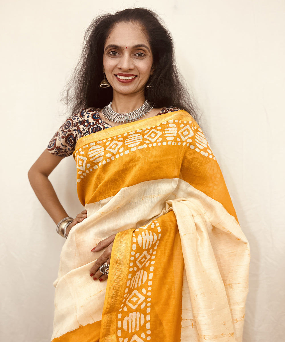 Offwhite golden hand block bagru print maheswari sico saree