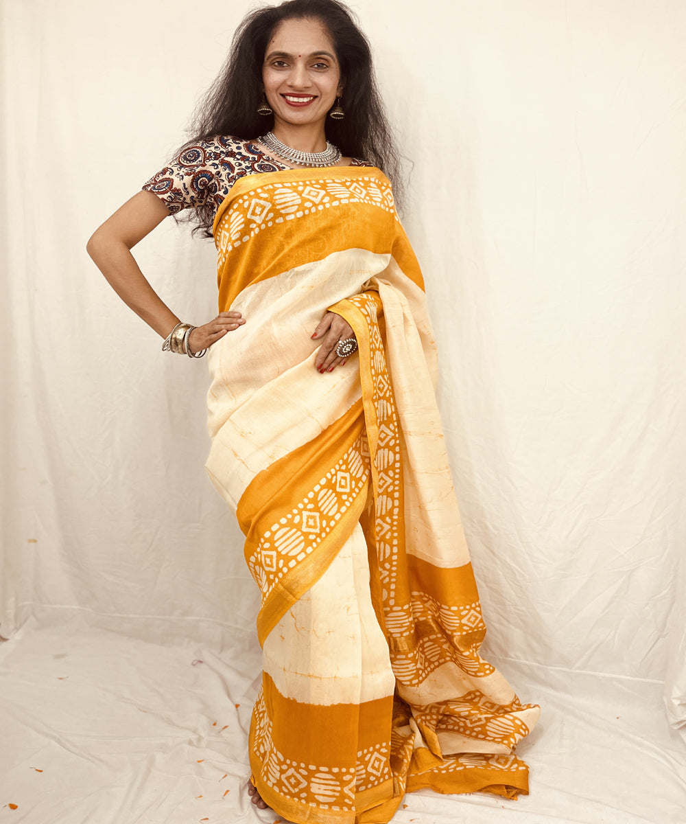 Offwhite golden hand block bagru print maheswari sico saree