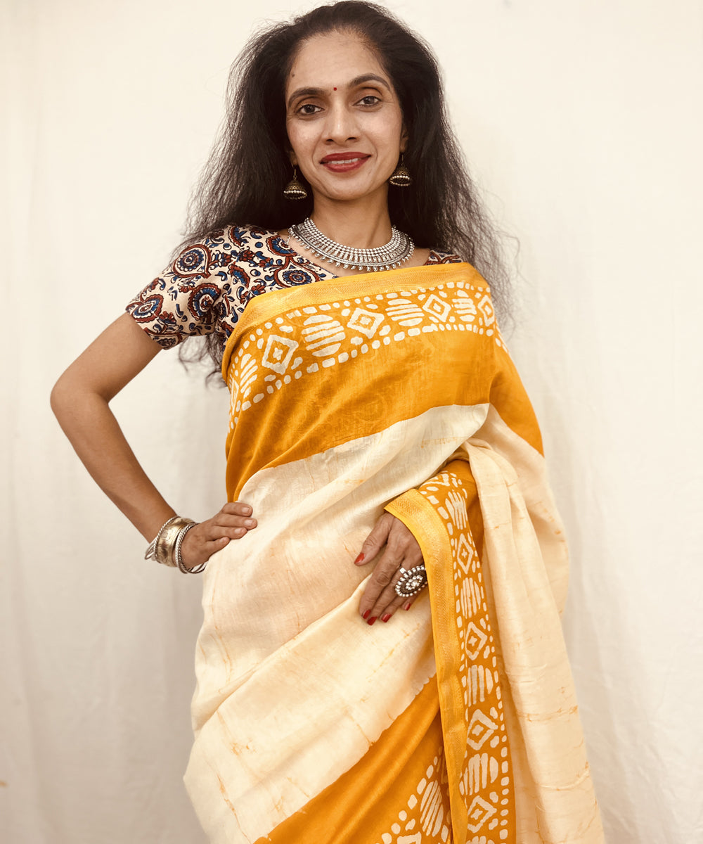Offwhite golden hand block bagru print maheswari sico saree