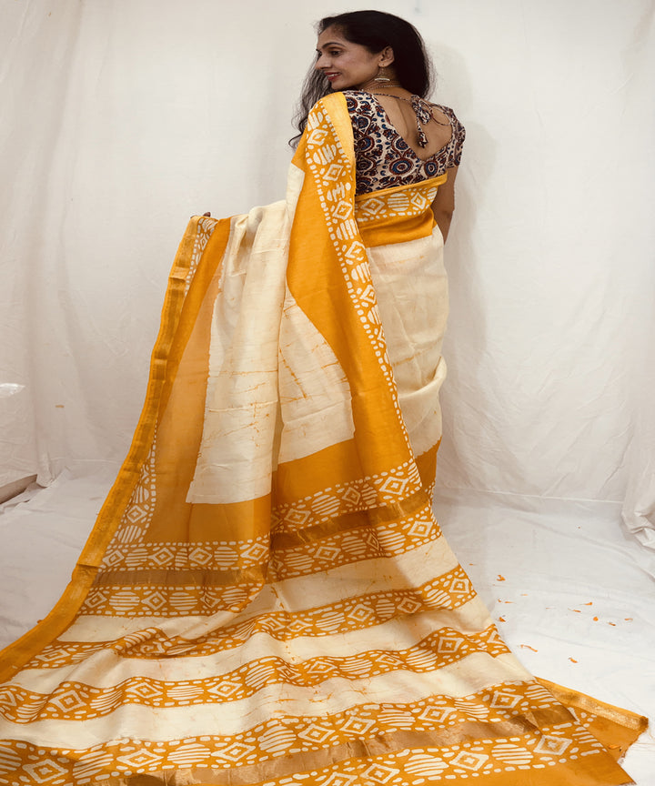 Offwhite golden hand block bagru print maheswari sico saree