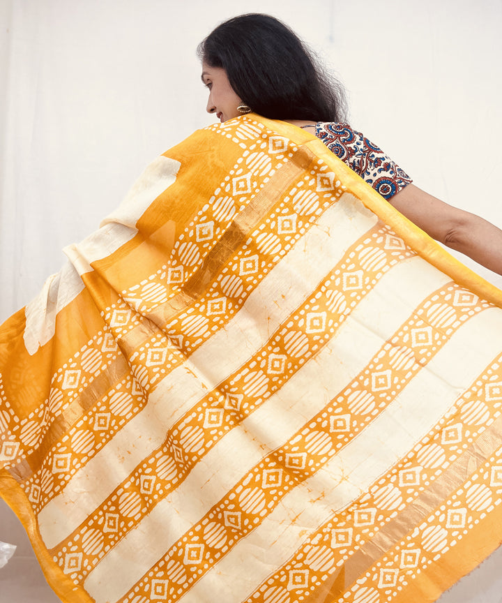 Offwhite golden hand block bagru print maheswari sico saree