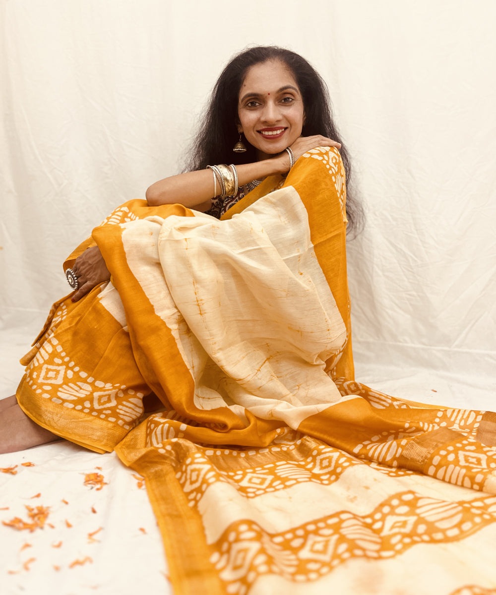 Offwhite golden hand block bagru print maheswari sico saree