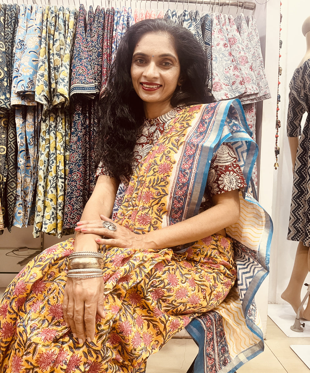 Yellow hand block sanganeri print chanderi sico saree