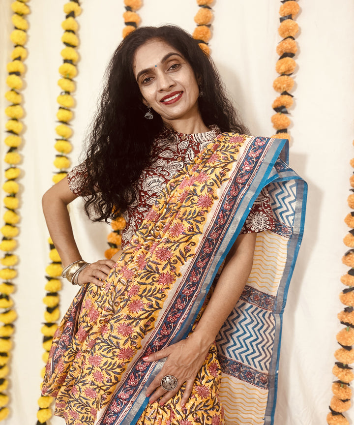 Yellow hand block sanganeri print chanderi sico saree