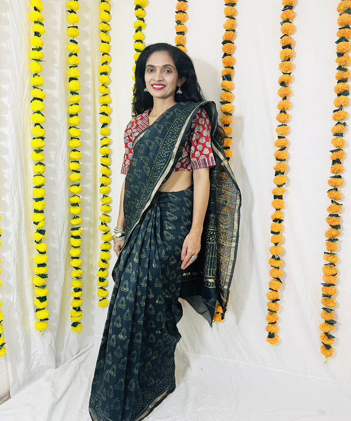 Bottle green hand block bagru print chanderi sico saree