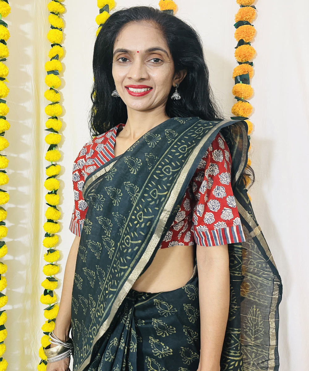 Bottle green hand block bagru print chanderi sico saree