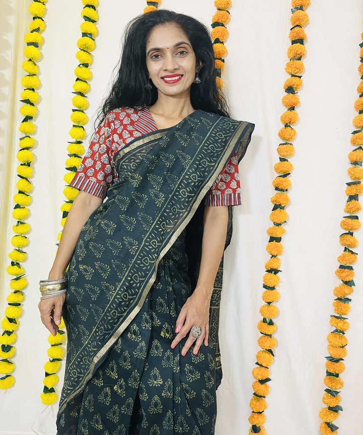 Bottle green hand block bagru print chanderi sico saree