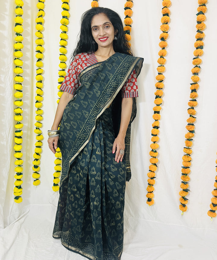 Bottle green hand block bagru print chanderi sico saree