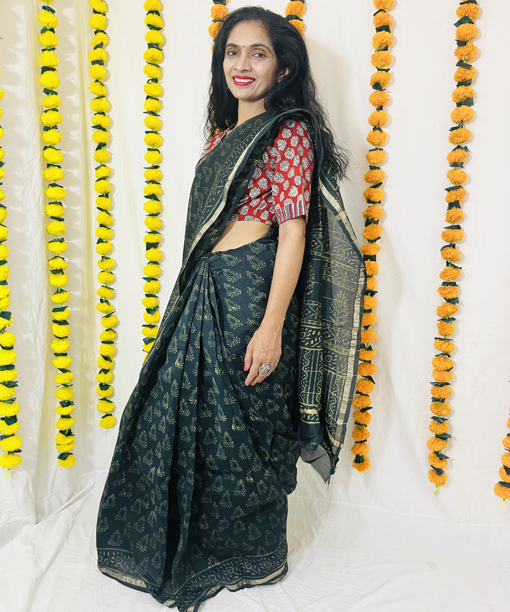 Bottle green hand block bagru print chanderi sico saree