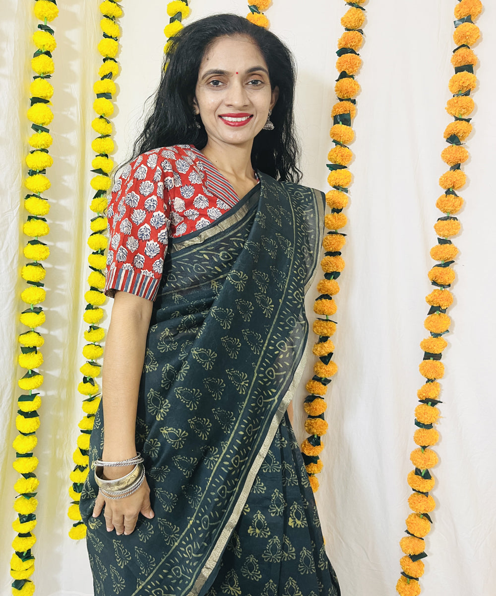 Bottle green hand block bagru print chanderi sico saree