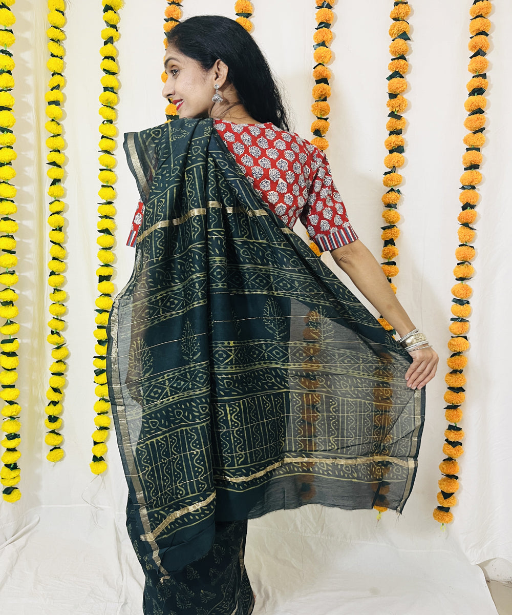 Bottle green hand block bagru print chanderi sico saree