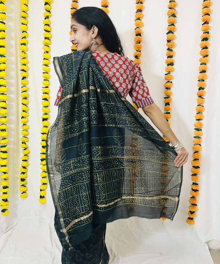 Bottle green hand block bagru print chanderi sico saree