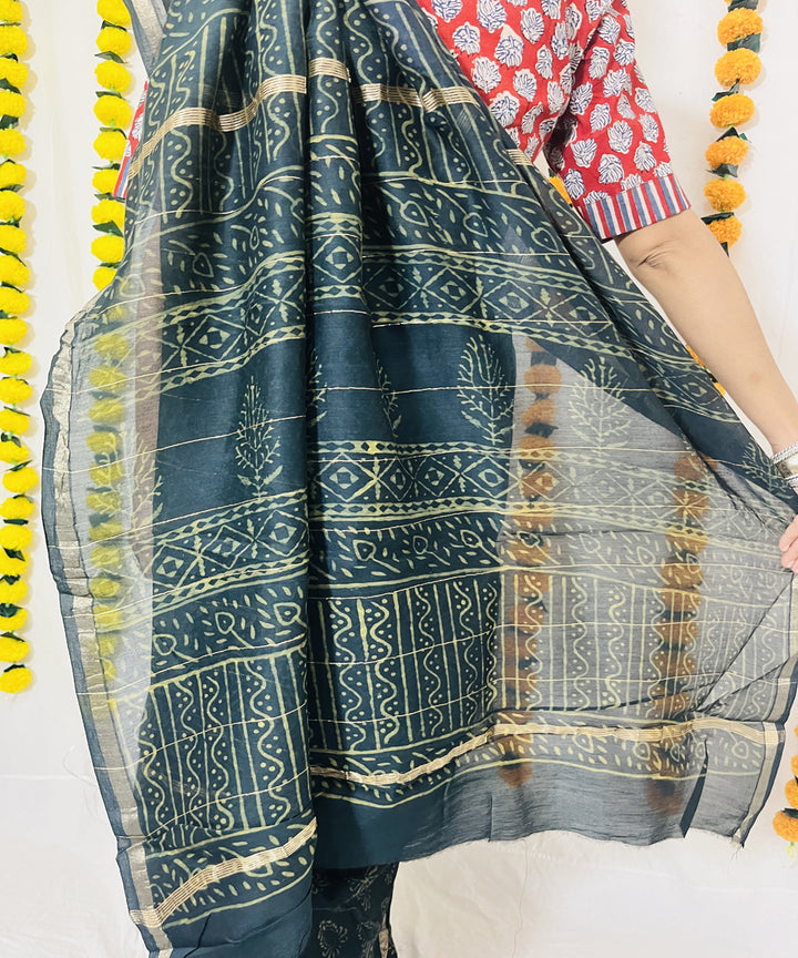 Bottle green hand block bagru print chanderi sico saree