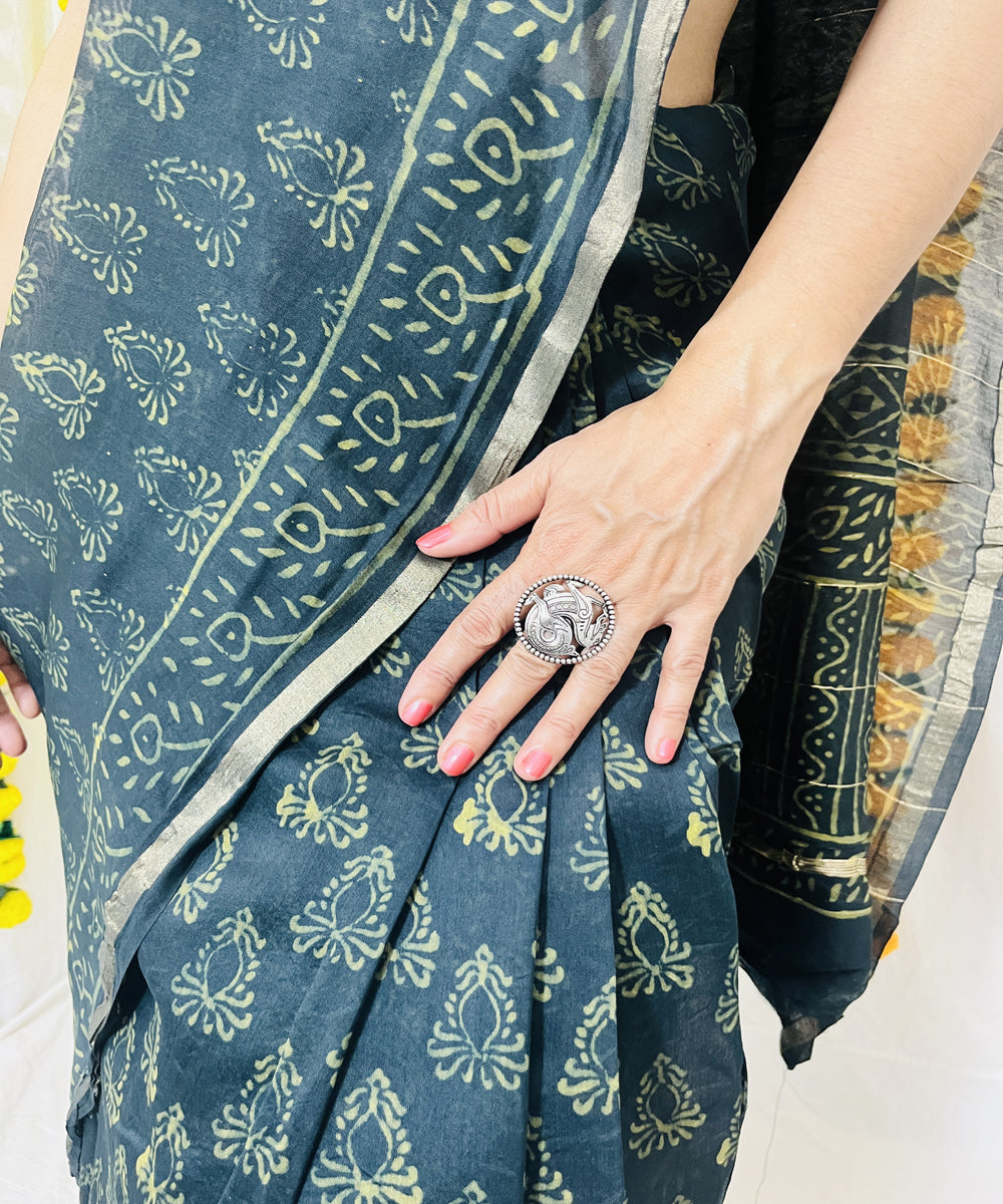 Bottle green hand block bagru print chanderi sico saree