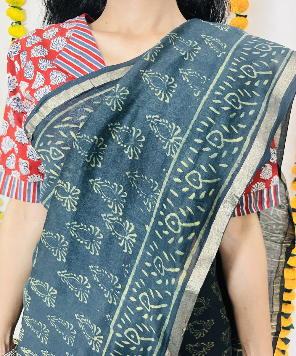 Bottle green hand block bagru print chanderi sico saree