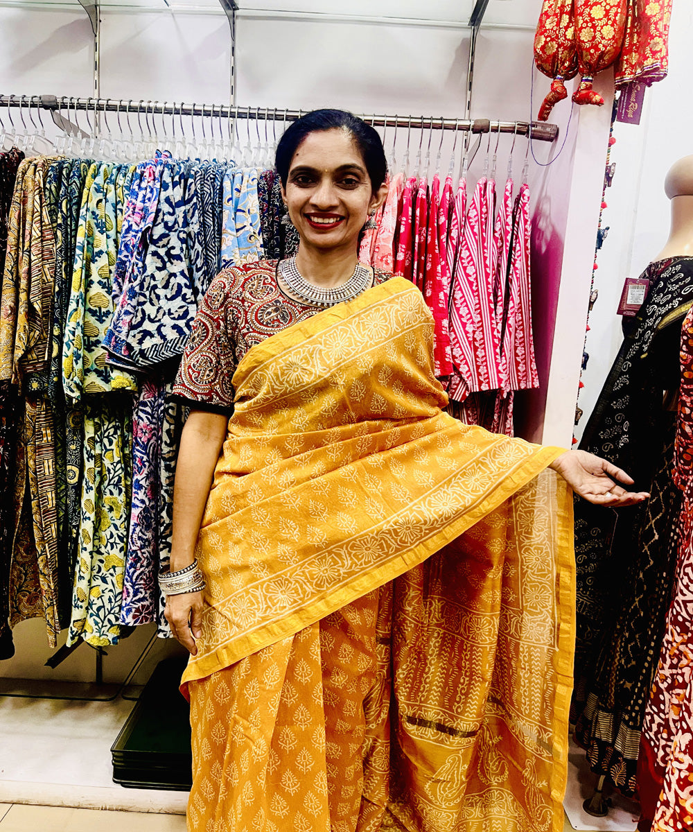 Mustard hand block bagru printed chanderi sico saree