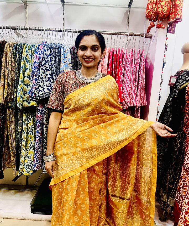 Mustard hand block bagru printed chanderi sico saree