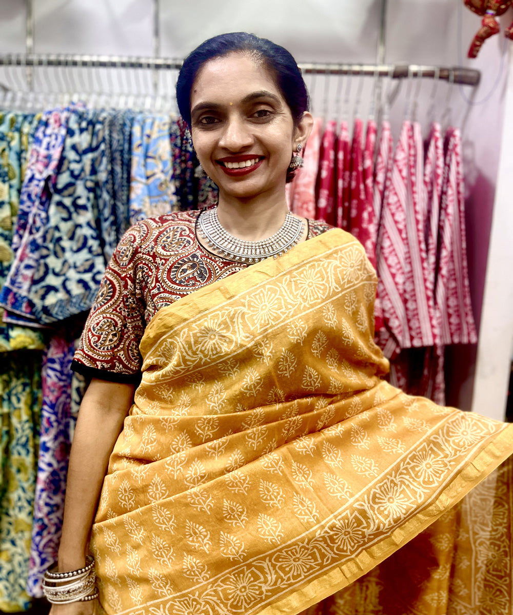 Mustard hand block bagru printed chanderi sico saree