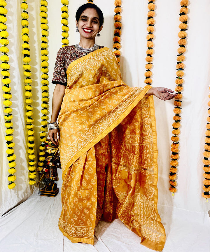 Mustard hand block bagru printed chanderi sico saree