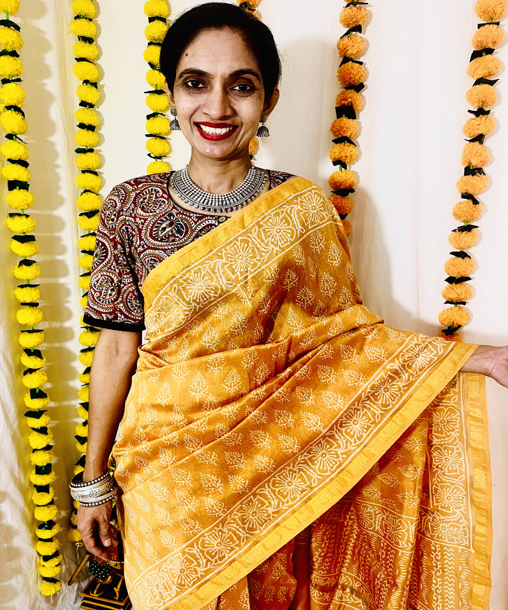 Mustard hand block bagru printed chanderi sico saree