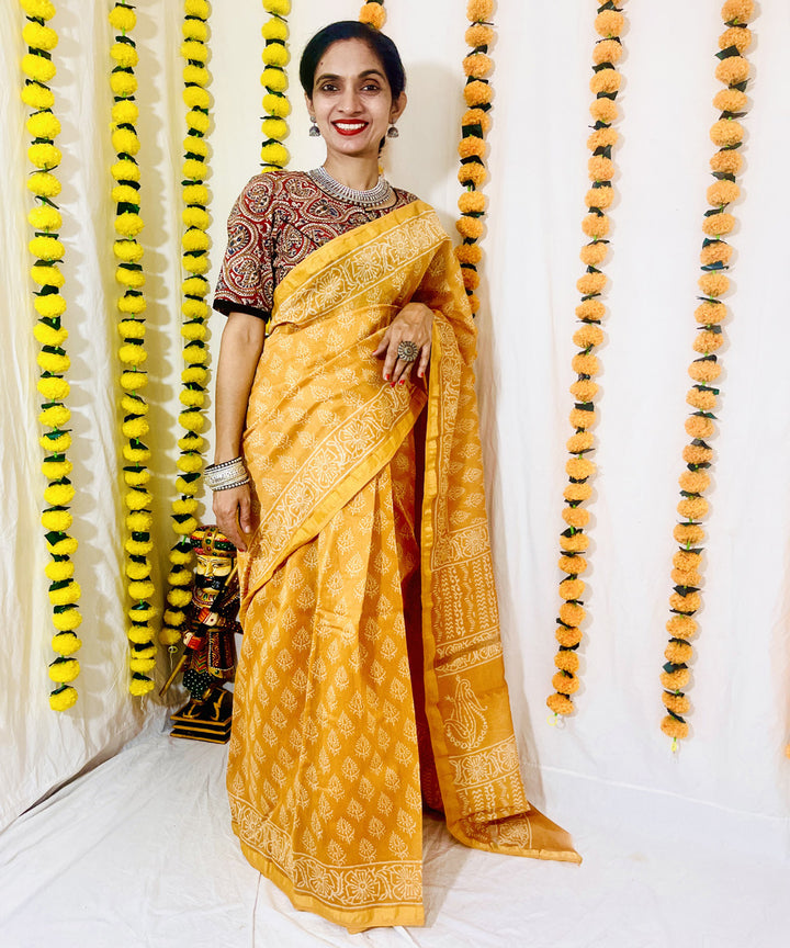 Mustard hand block bagru printed chanderi sico saree