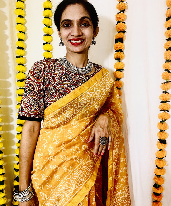 Mustard hand block bagru printed chanderi sico saree