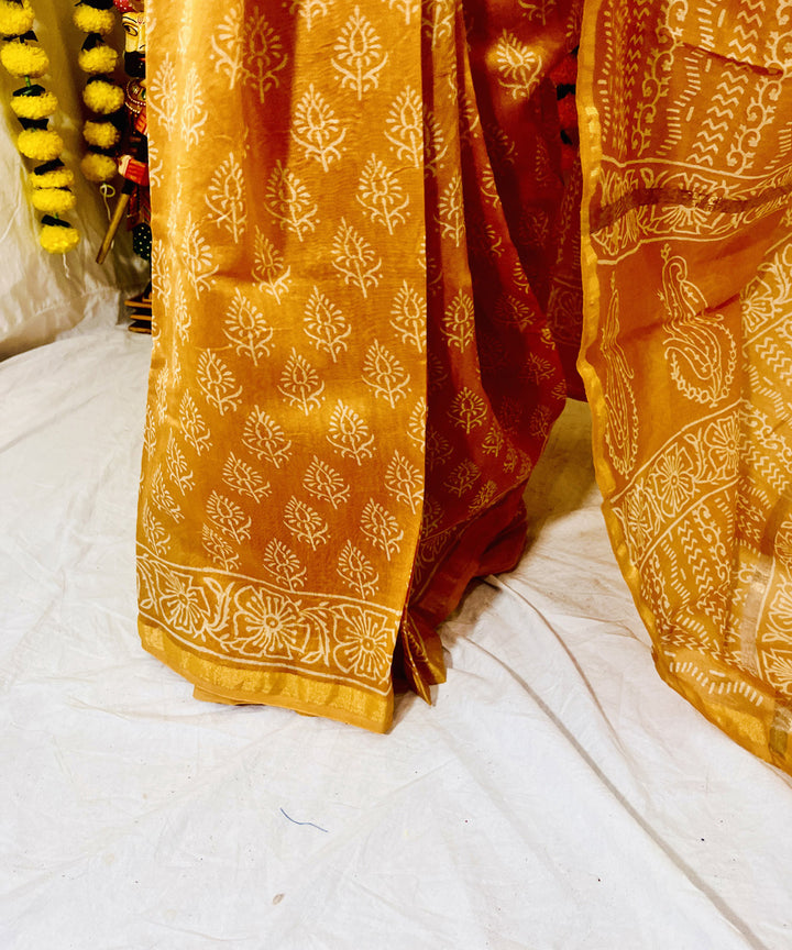 Mustard hand block bagru printed chanderi sico saree