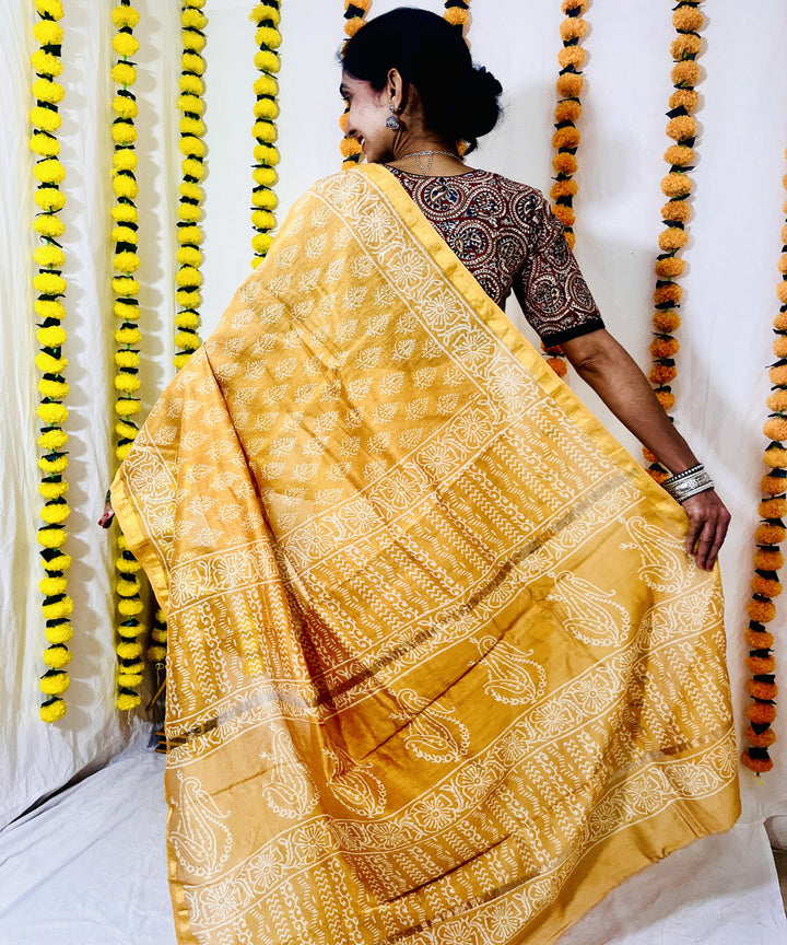 Mustard hand block bagru printed chanderi sico saree