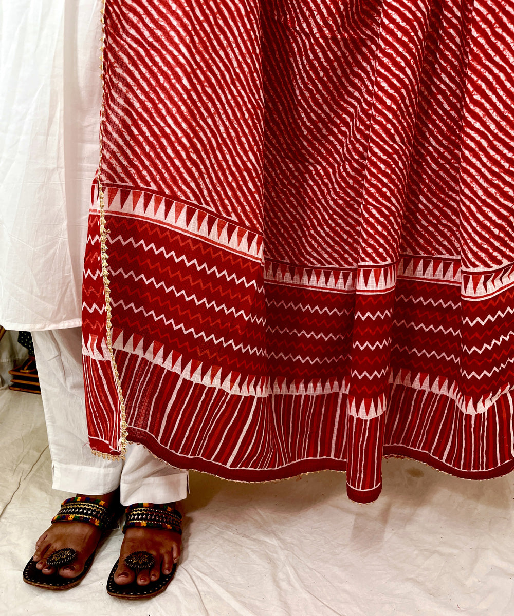 Red mul cotton hand block printed dupatta