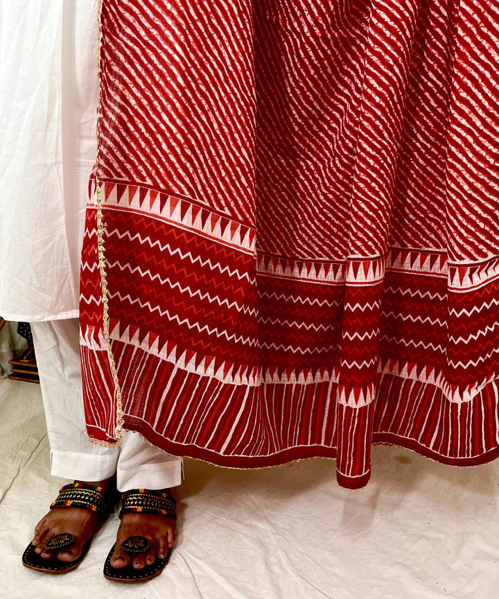 Red mul cotton hand block printed dupatta