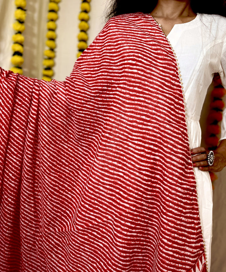 Red mul cotton hand block printed dupatta