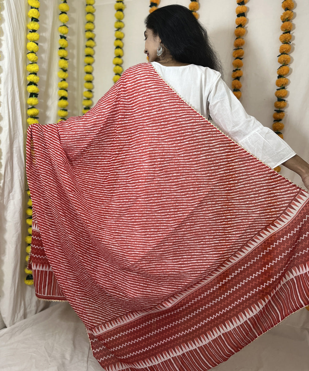 Red mul cotton hand block printed dupatta