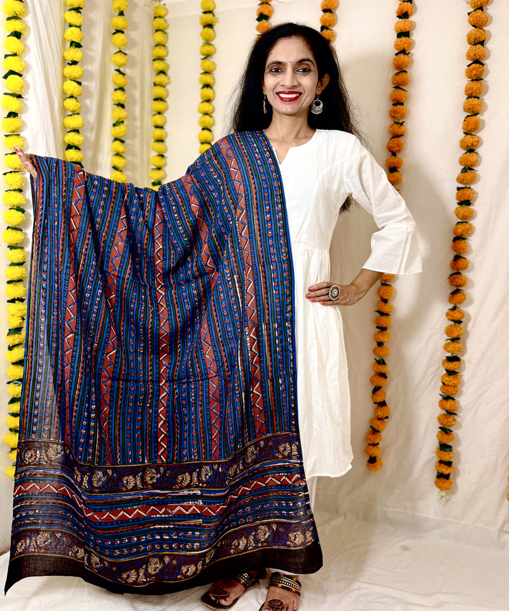 Indigo red hand block printed mul cotton dupatta