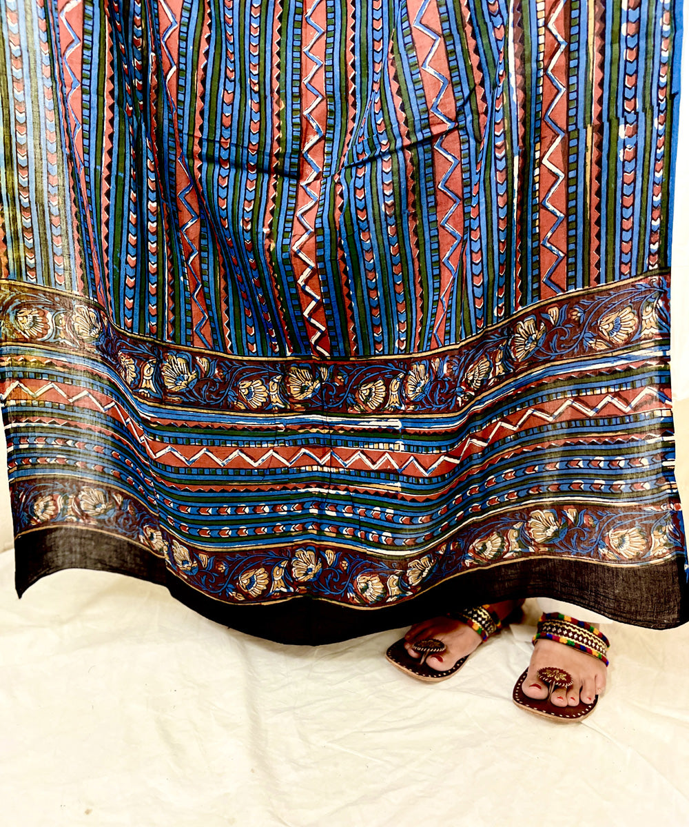 Indigo red hand block printed mul cotton dupatta