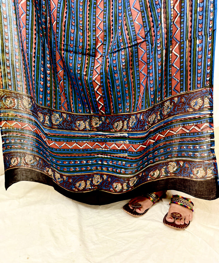 Indigo red hand block printed mul cotton dupatta