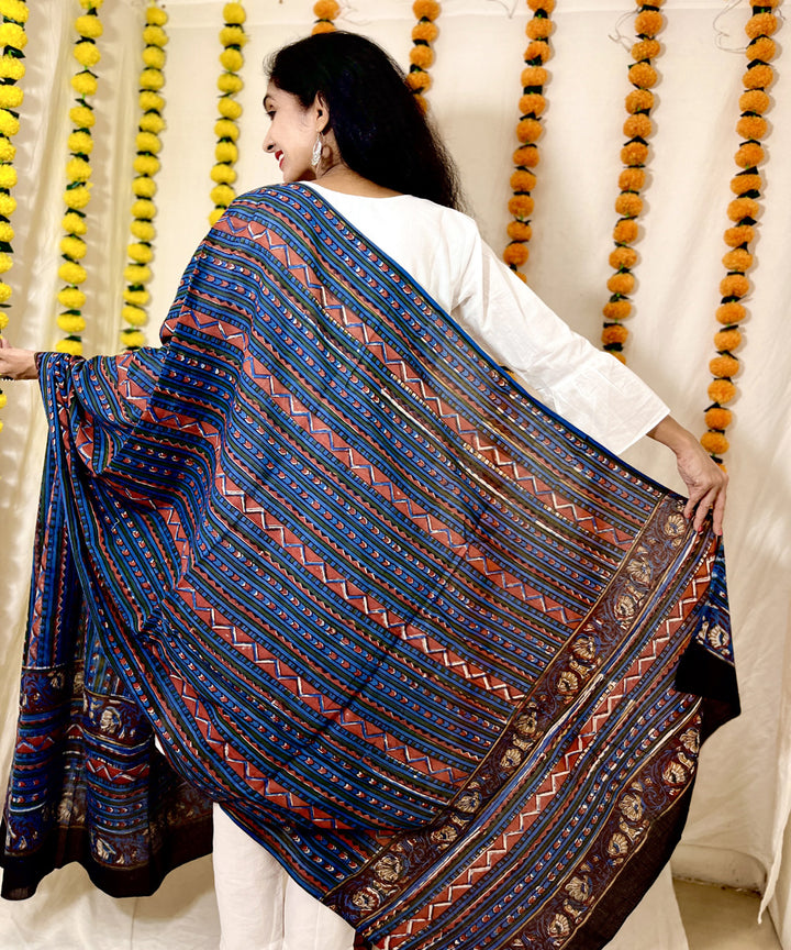 Indigo red hand block printed mul cotton dupatta