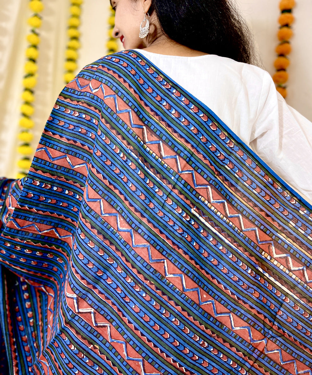 Indigo red hand block printed mul cotton dupatta