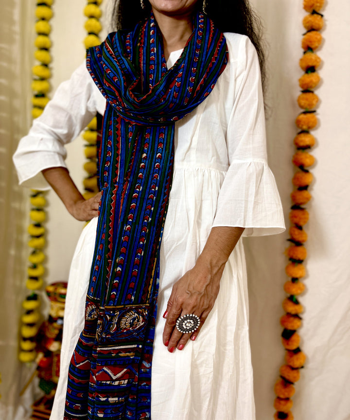 Indigo red hand block printed mul cotton dupatta