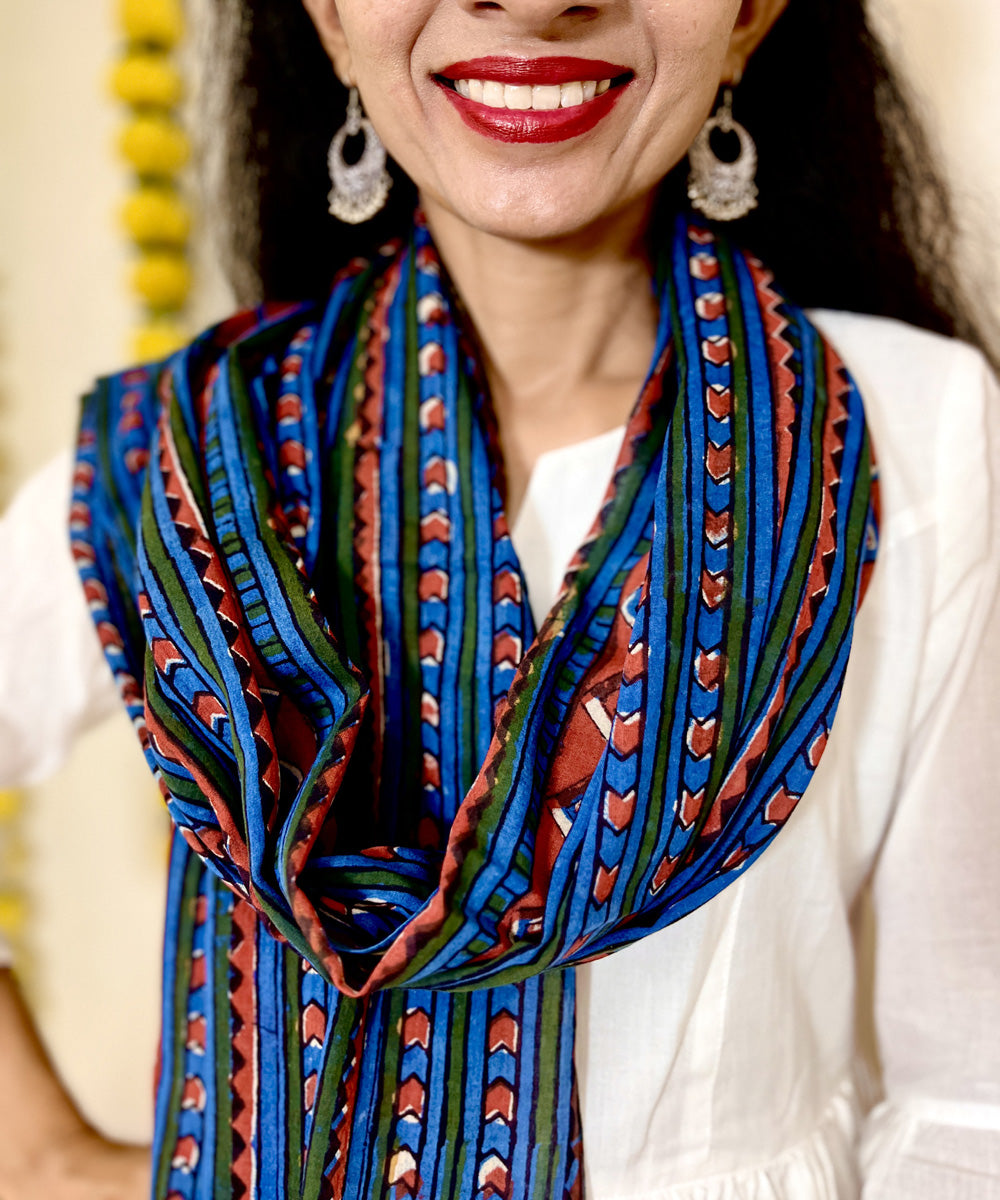 Indigo red hand block printed mul cotton dupatta