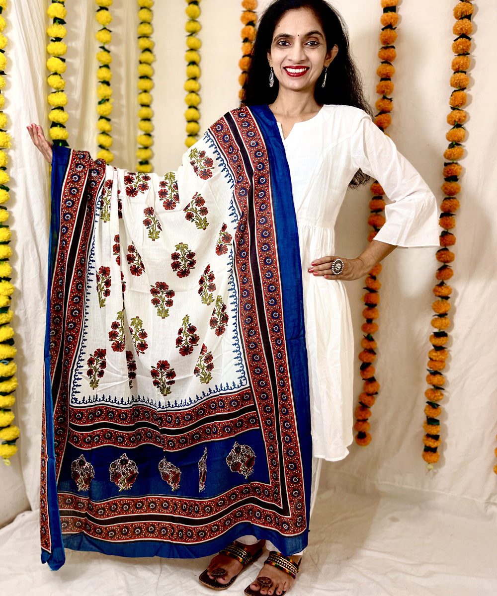 White blue hand block printed mul cotton dupatta