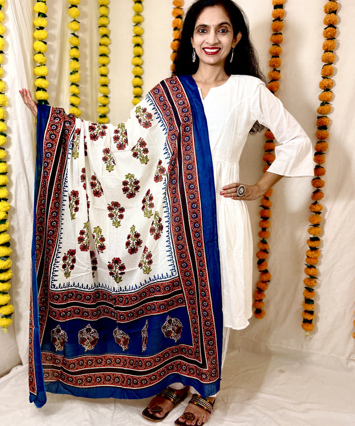 White blue hand block printed mul cotton dupatta