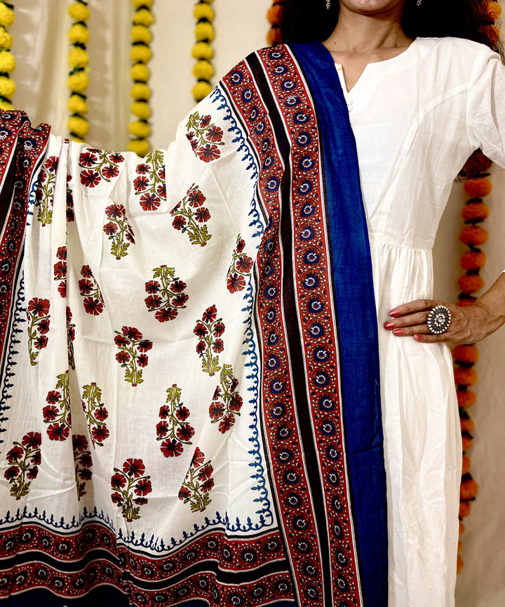 White blue hand block printed mul cotton dupatta