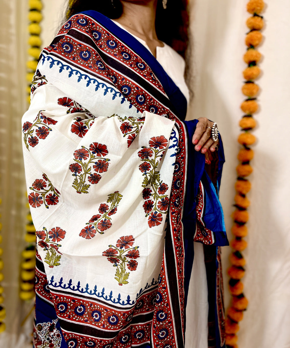 White blue hand block printed mul cotton dupatta