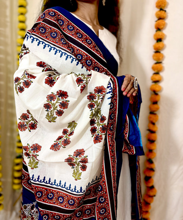 White blue hand block printed mul cotton dupatta