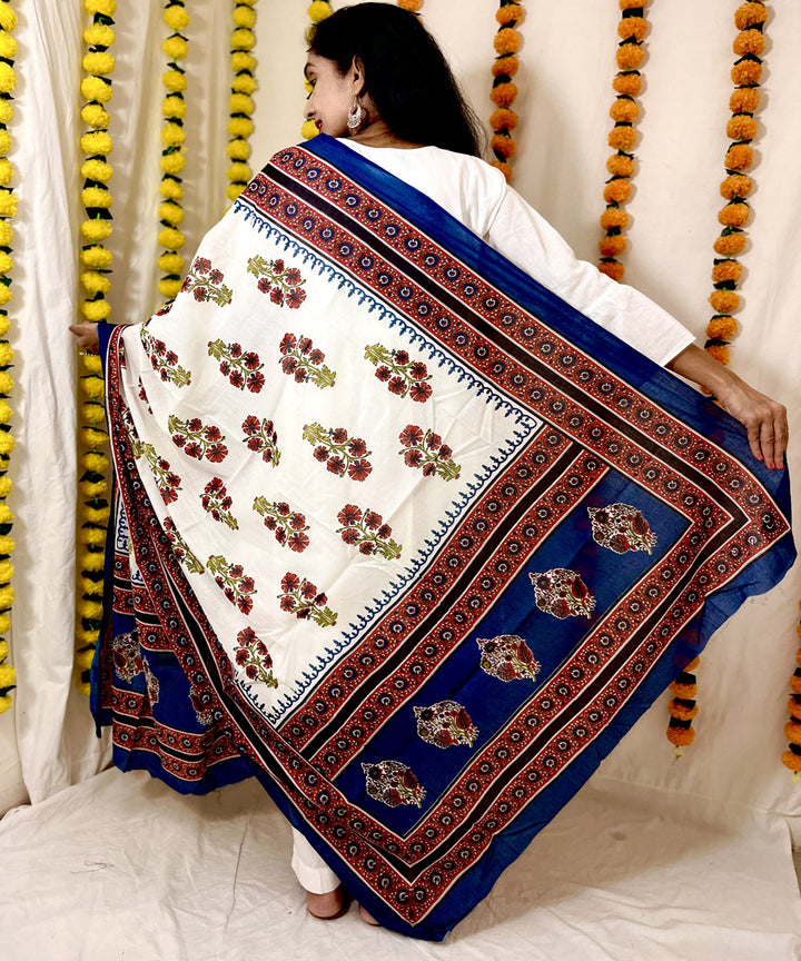 White blue hand block printed mul cotton dupatta