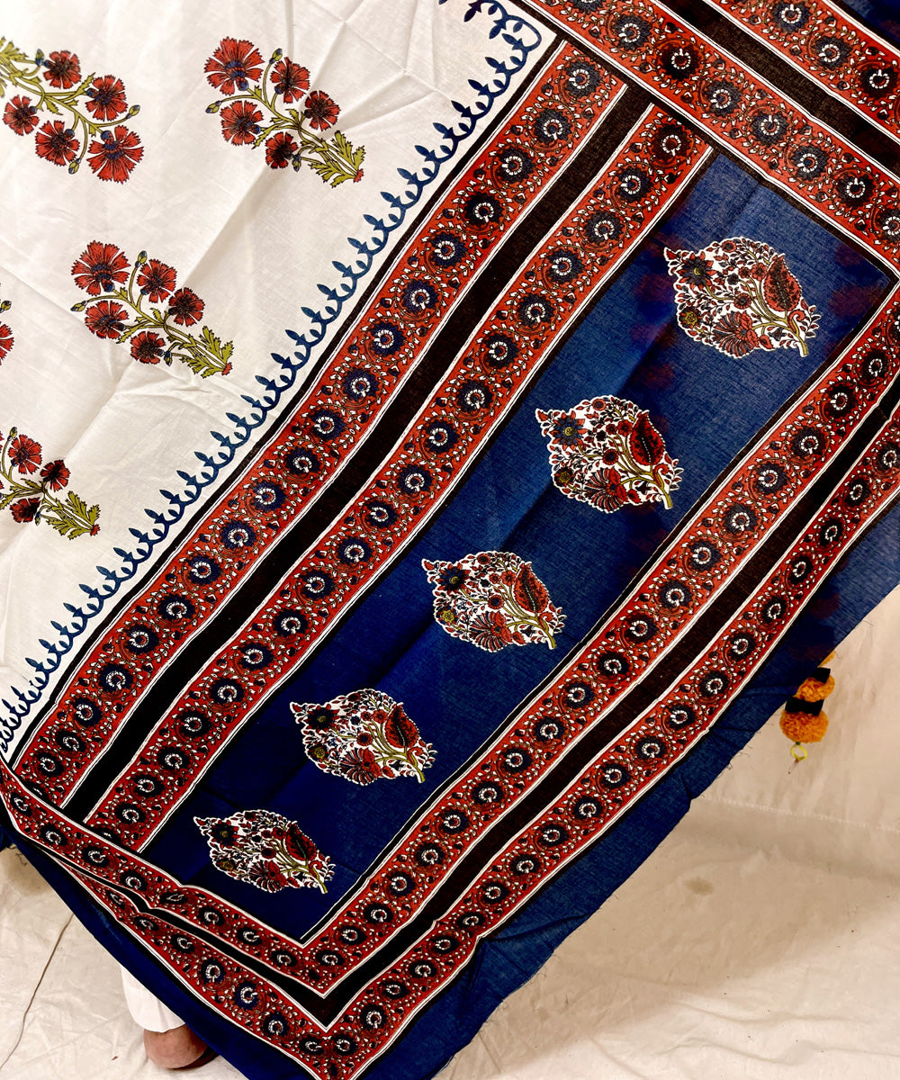 White blue hand block printed mul cotton dupatta