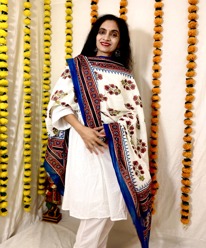 White blue hand block printed mul cotton dupatta