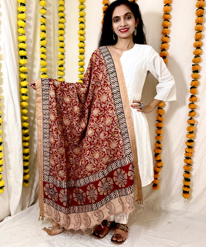 Red hand block printed uppada silk kalamkari dupatta