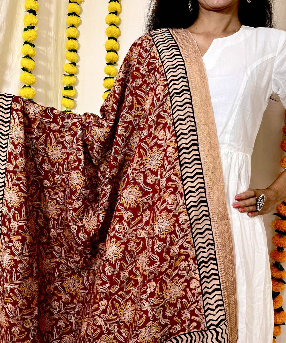 Red hand block printed uppada silk kalamkari dupatta