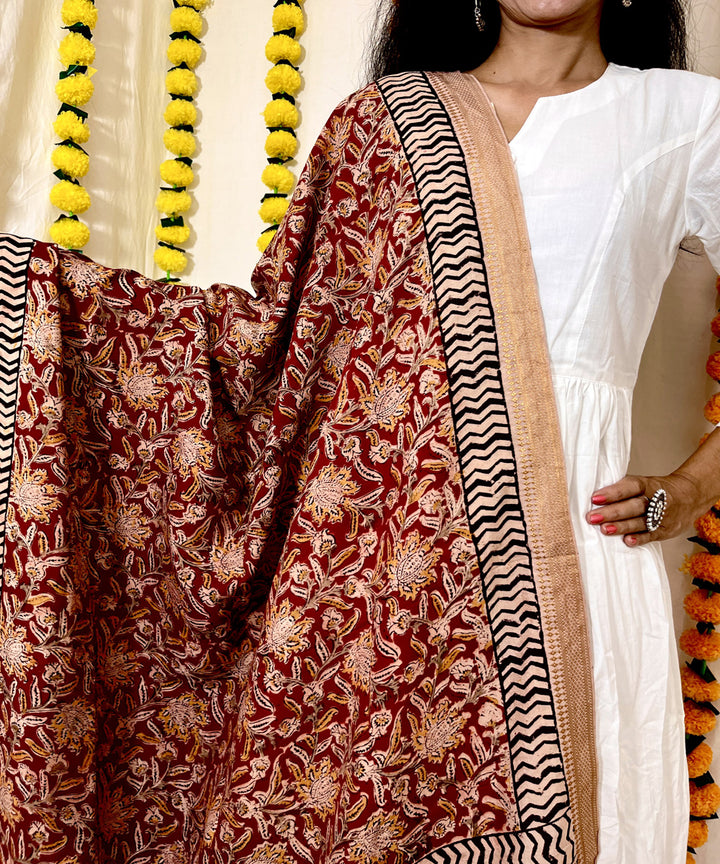 Red hand block printed uppada silk kalamkari dupatta